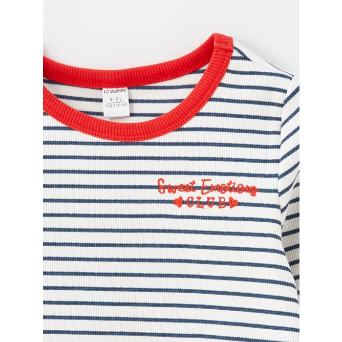 LCW Kids Lacivert Bisiklet Yaka Uzun Kollu Çizgili Kız Çocuk Tişört