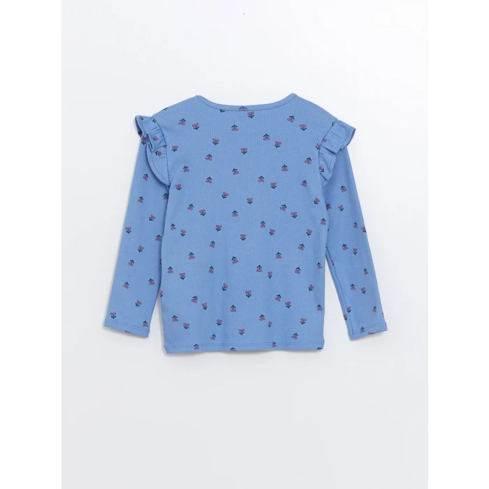 LCW Kids Mavi Bisiklet Yaka Uzun Kollu Çiçekli Kız Çocuk Tişört
