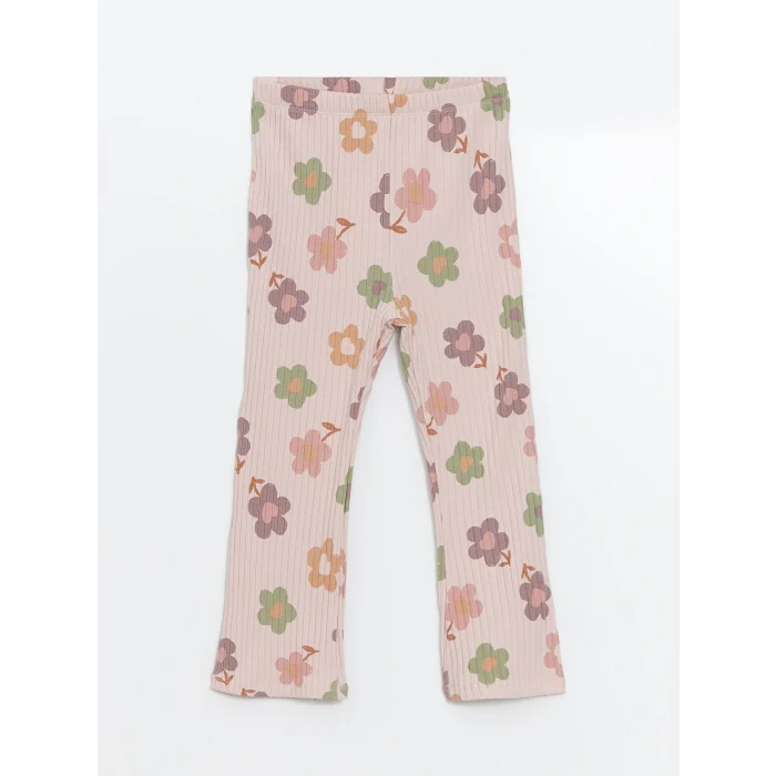 LCW Kids Ekru Beli Lastikli Çiçekli İspanyol Paça Kız Bebek Tayt