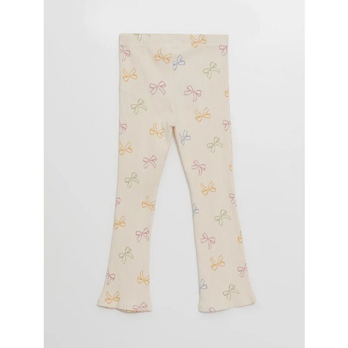 LCW Kids Ekru Beli Lastikli Baskılı ispanyol Paça Kız Çocuk Tayt