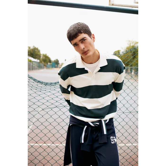 Defacto F0857AXGN536 Yeşil Boxy Fit Rahat Kesim Polo Yaka Düğmeli Çizgili Sweatshirt