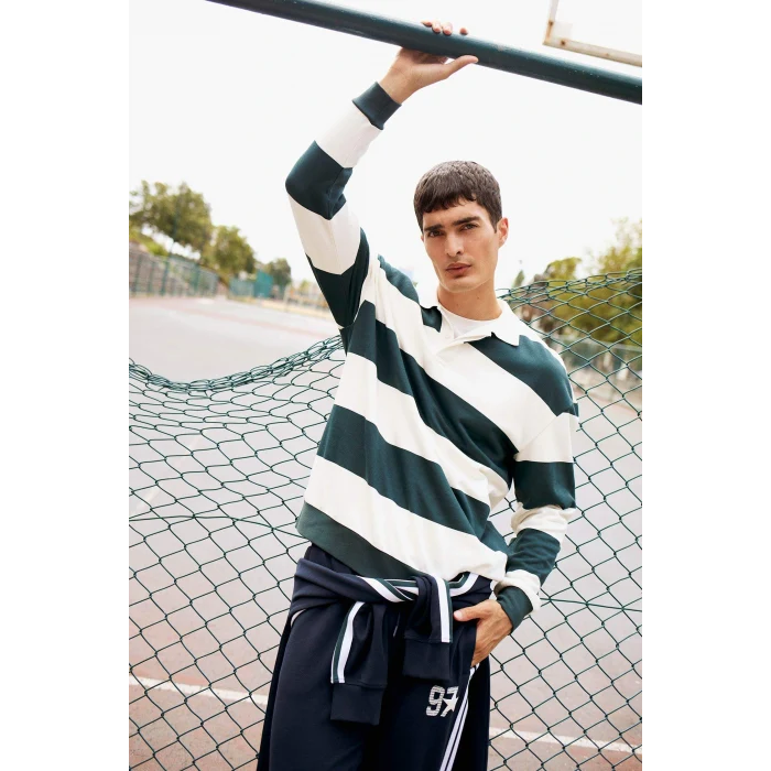 Defacto F0857AXGN536 Yeşil Boxy Fit Rahat Kesim Polo Yaka Düğmeli Çizgili Sweatshirt