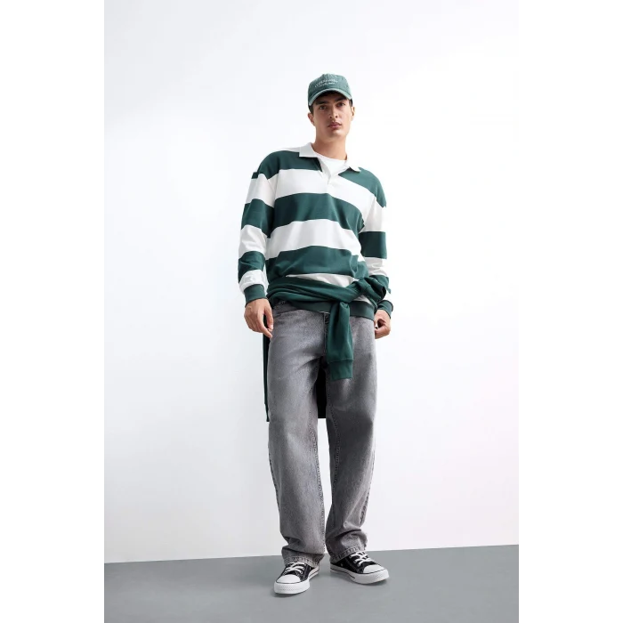 Defacto F0857AXGN536 Yeşil Boxy Fit Rahat Kesim Polo Yaka Düğmeli Çizgili Sweatshirt