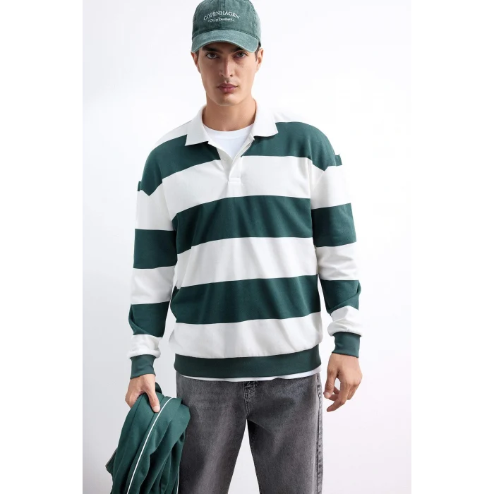 Defacto F0857AXGN536 Yeşil Boxy Fit Rahat Kesim Polo Yaka Düğmeli Çizgili Sweatshirt