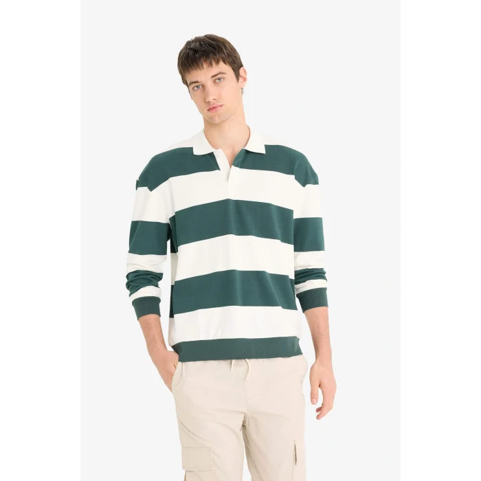 Defacto F0857AXGN536 Yeşil Boxy Fit Rahat Kesim Polo Yaka Düğmeli Çizgili Sweatshirt