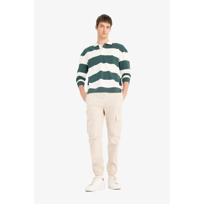 Defacto F0857AXGN536 Yeşil Boxy Fit Rahat Kesim Polo Yaka Düğmeli Çizgili Sweatshirt