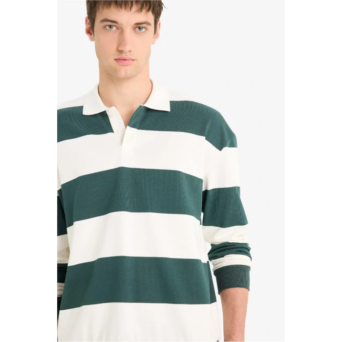 Defacto F0857AXGN536 Yeşil Boxy Fit Rahat Kesim Polo Yaka Düğmeli Çizgili Sweatshirt