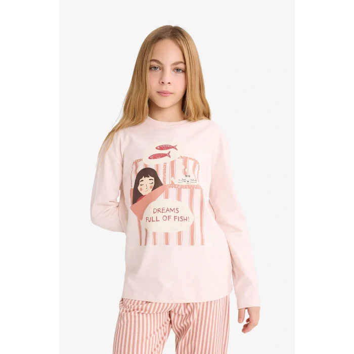 Defacto F6233A8PN70 Pembe Kız Çocuk Pijama Takımı Baskılı Uzun Kollu Üst Çizgili Uzun Alt