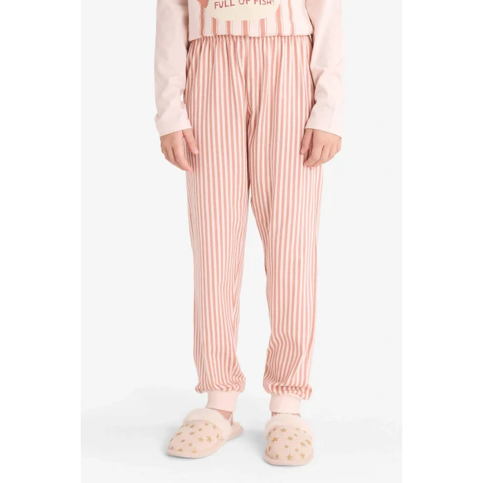 Defacto F6233A8PN70 Pembe Kız Çocuk Pijama Takımı Baskılı Uzun Kollu Üst Çizgili Uzun Alt