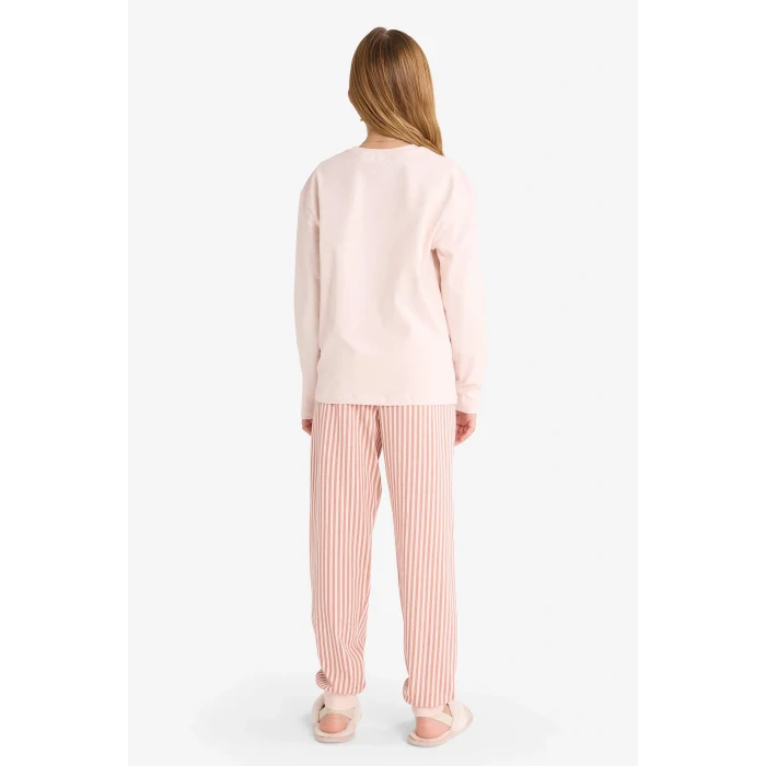 Defacto F6233A8PN70 Pembe Kız Çocuk Pijama Takımı Baskılı Uzun Kollu Üst Çizgili Uzun Alt