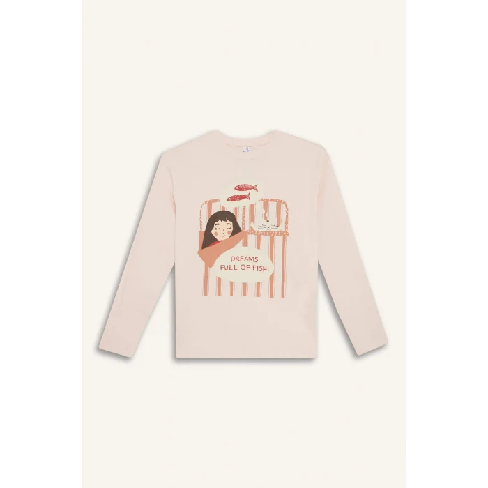 Defacto F6233A8PN70 Pembe Kız Çocuk Pijama Takımı Baskılı Uzun Kollu Üst Çizgili Uzun Alt