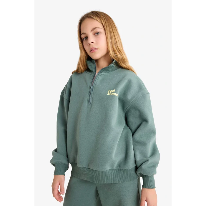 Defacto F8401A8GN758 Yeşil Kız Çocuk 2li Takım Baskılı Yarım Fermuarlı Sweatshirt Geniş Paça Eşofman Altı