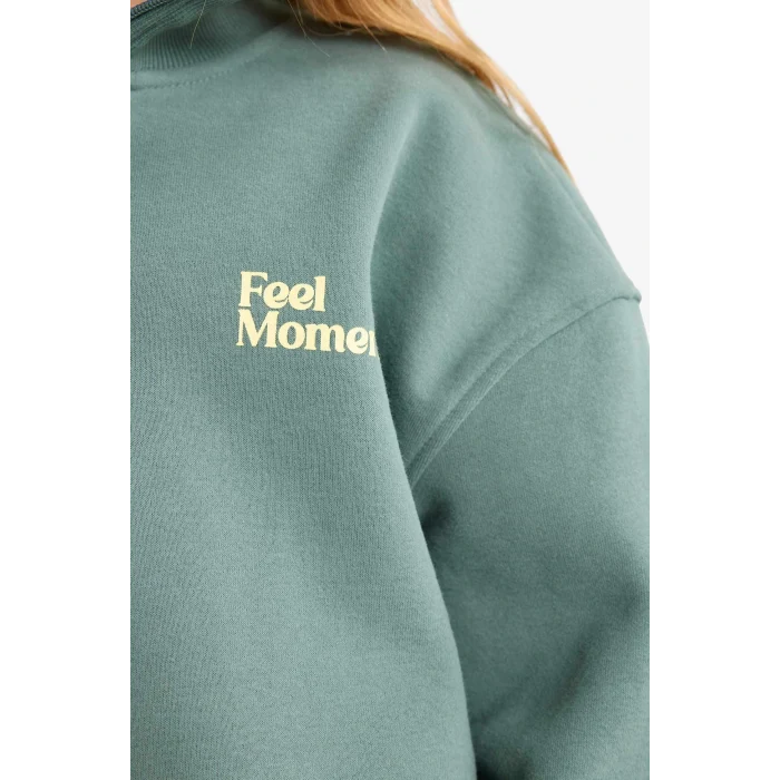 Defacto F8401A8GN758 Yeşil Kız Çocuk 2li Takım Baskılı Yarım Fermuarlı Sweatshirt Geniş Paça Eşofman Altı