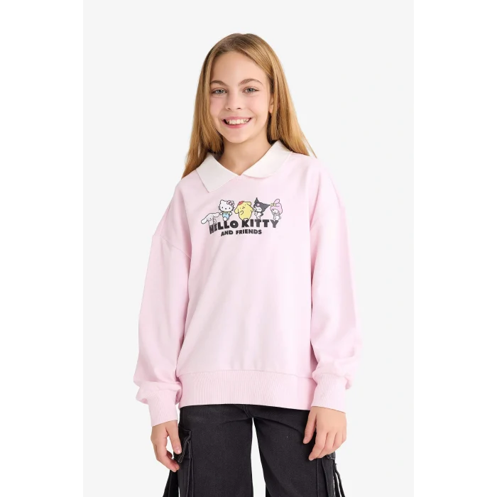 Defacto F3413A8PN648 Pembe Kız Çocuk Hello Kitty Oversize Geniş Kalıp Polo Yaka Sweatshirt