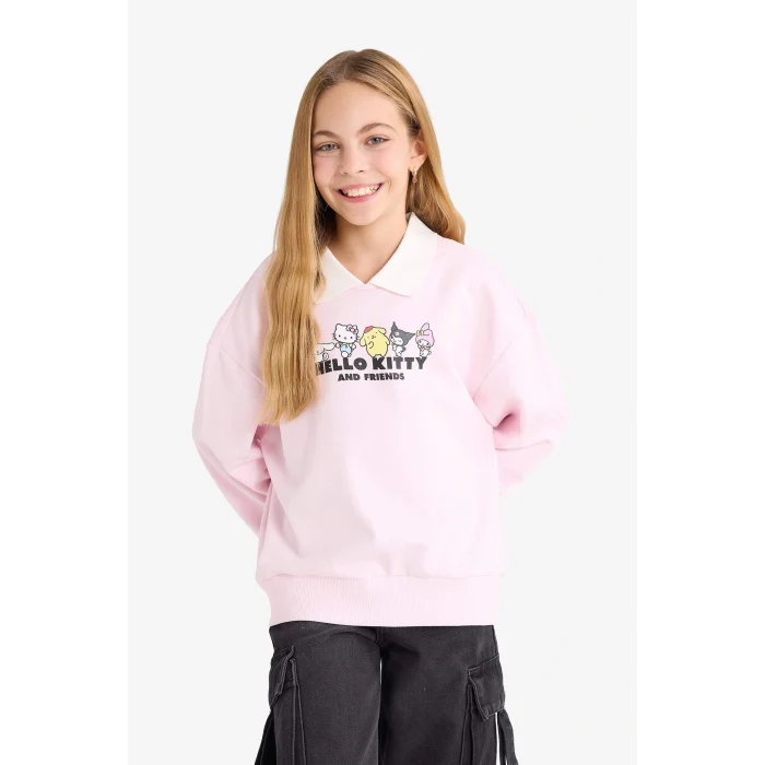 Defacto F3413A8PN648 Pembe Kız Çocuk Hello Kitty Oversize Geniş Kalıp Polo Yaka Sweatshirt