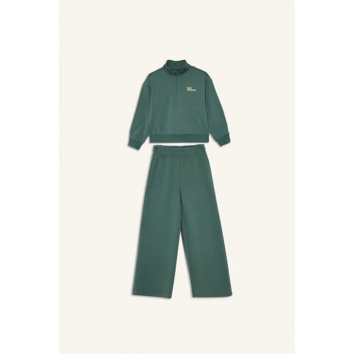 Defacto F8401A8GN758 Yeşil Kız Çocuk 2li Takım Baskılı Yarım Fermuarlı Sweatshirt Geniş Paça Eşofman Altı