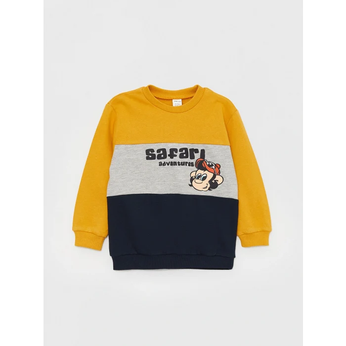 LCW baby Lacivert Bisiklet Yaka Uzun Kollu Nostaljik Maymun Baskılı Erkek Bebek Sweatshirt