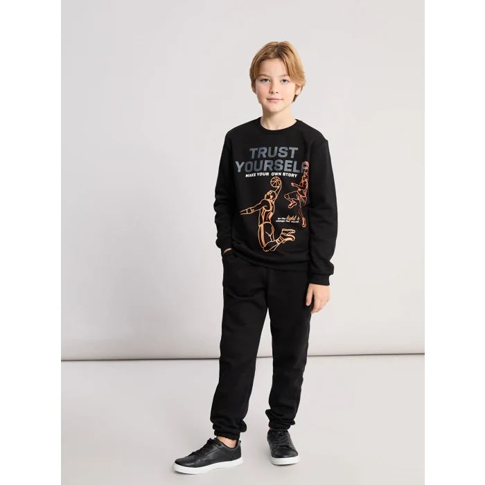 LCW Kids Siyah Bisiklet Yaka Baskılı Erkek Çocuk Eşofman Takım