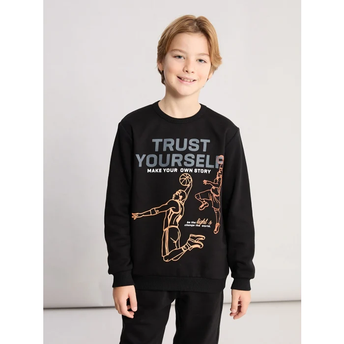 LCW Kids Siyah Bisiklet Yaka Baskılı Erkek Çocuk Eşofman Takım