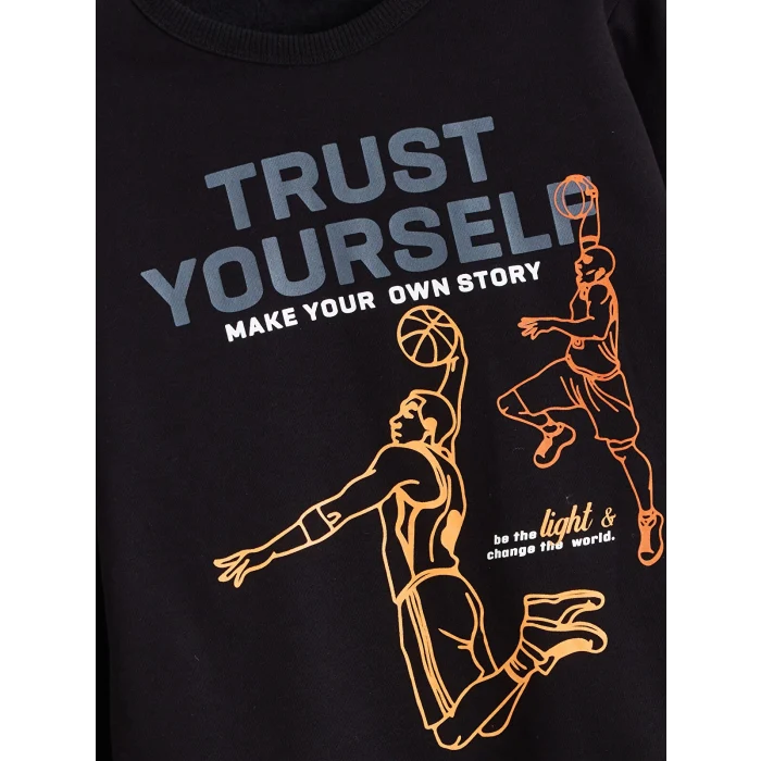 LCW Kids Siyah Bisiklet Yaka Baskılı Erkek Çocuk Eşofman Takım