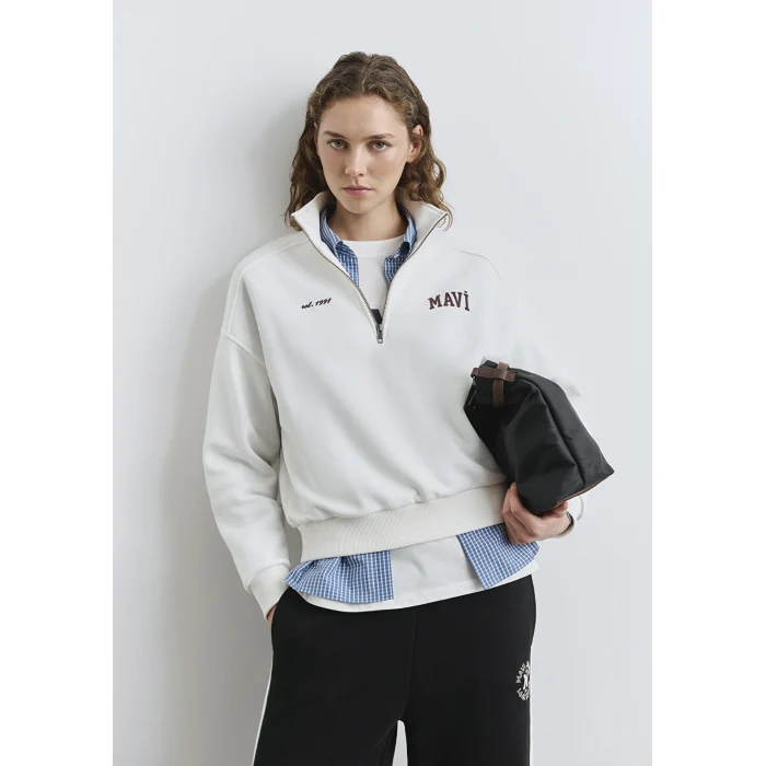 Mavi 1S10373-70057 Mavi Logo Baskılı Yarı Fermuarlı Ekru Sweatshirt