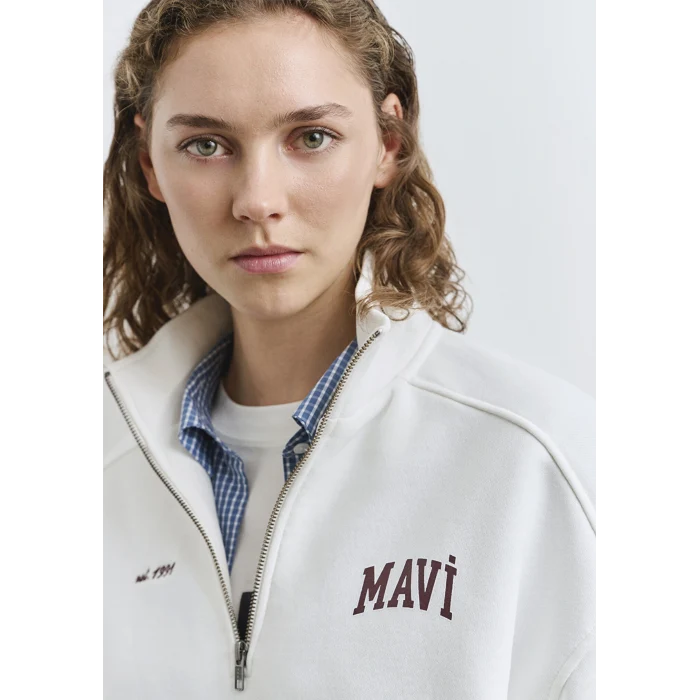 Mavi 1S10373-70057 Mavi Logo Baskılı Yarı Fermuarlı Ekru Sweatshirt