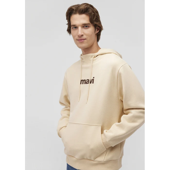 Mavi 0610960-70003 Mavi Logo Baskılı Kapüşonlu Bej Sweatshirt