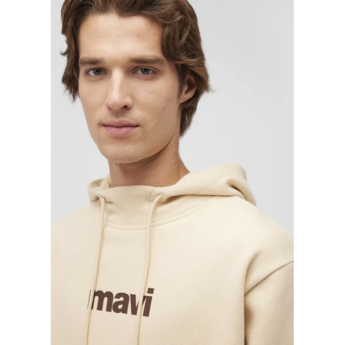 Mavi 0610960-70003 Mavi Logo Baskılı Kapüşonlu Bej Sweatshirt