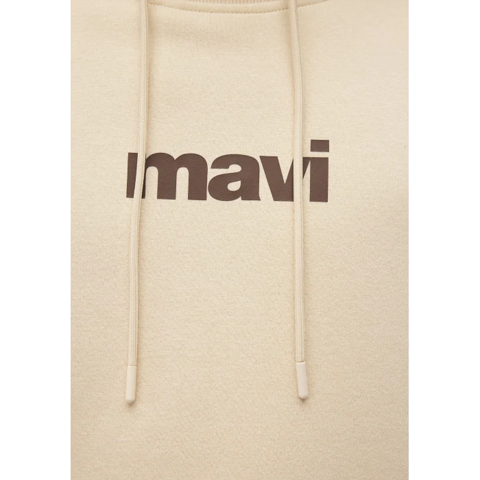 Mavi 0610960-70003 Mavi Logo Baskılı Kapüşonlu Bej Sweatshirt