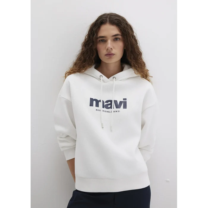 Mavi 168334-81964 Mavi Logo Baskılı Kapüşonlu Ekru Sweatshirt
