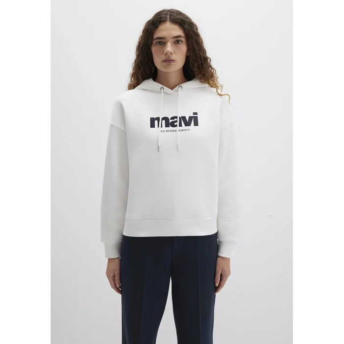 Mavi 168334-81964 Mavi Logo Baskılı Kapüşonlu Ekru Sweatshirt