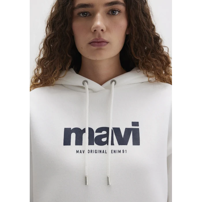 Mavi 168334-81964 Mavi Logo Baskılı Kapüşonlu Ekru Sweatshirt