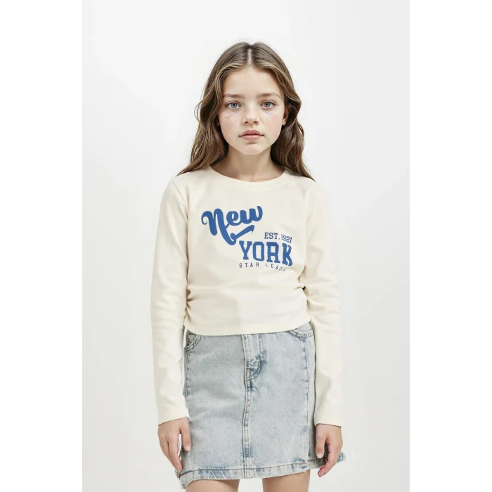 Defacto D2987A8ER99 Ekru Kız Çocuk Cropped Fit Bisiklet Yaka Baskılı Ribana Uzun Kollu Tişört