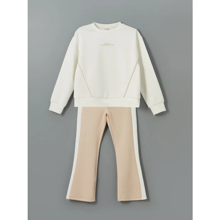 LCW Kids Ekru Bisiklet Yaka Kız Çocuk Sweatshirt ve Tayt