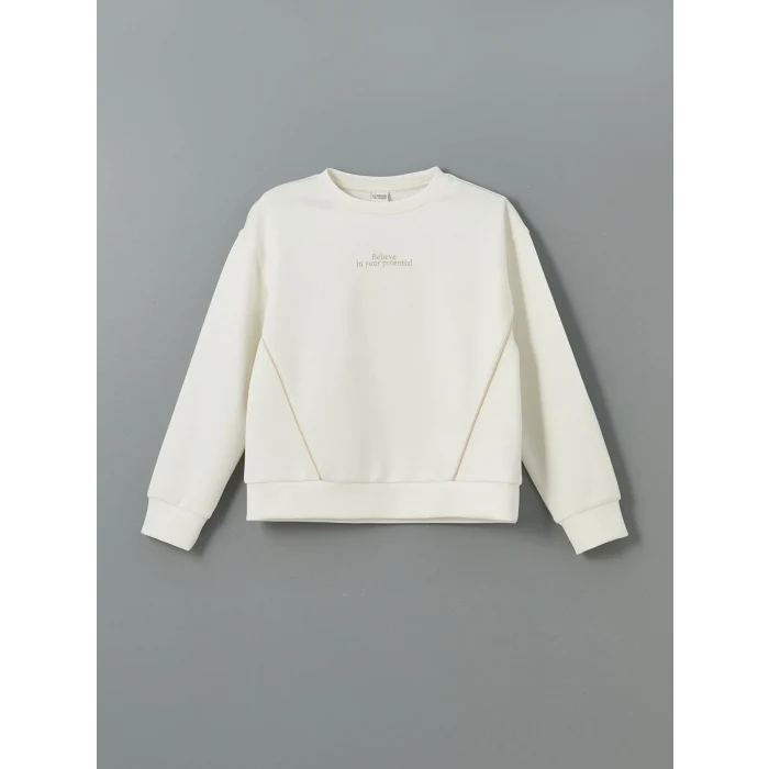 LCW Kids Ekru Bisiklet Yaka Kız Çocuk Sweatshirt ve Tayt