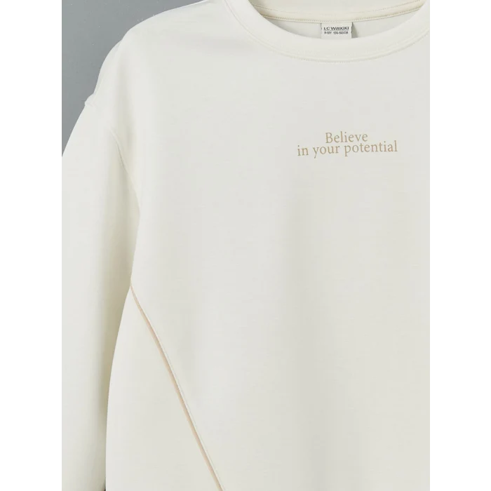 LCW Kids Ekru Bisiklet Yaka Kız Çocuk Sweatshirt ve Tayt