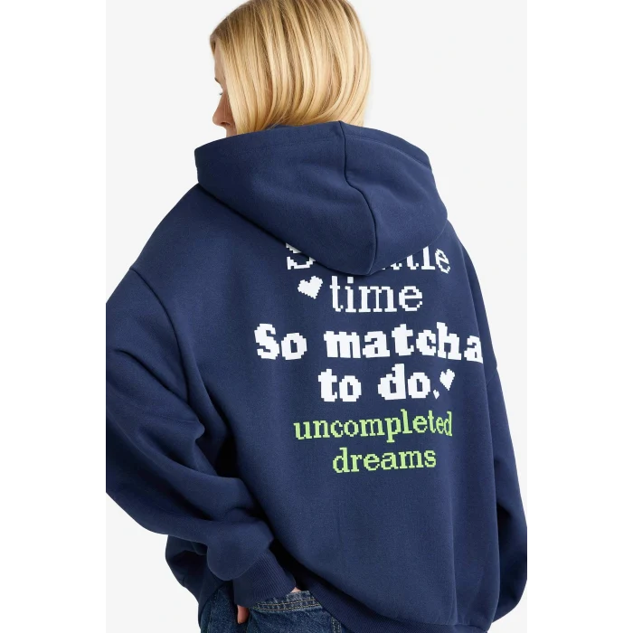 Defacto G0179AXNV241 Lacivert Coool Overshirt Fit Kapüşonlu Baskılı Kalın Kumaş Sweatshirt