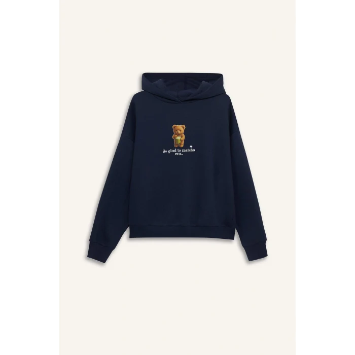 Defacto G0179AXNV241 Lacivert Coool Overshirt Fit Kapüşonlu Baskılı Kalın Kumaş Sweatshirt