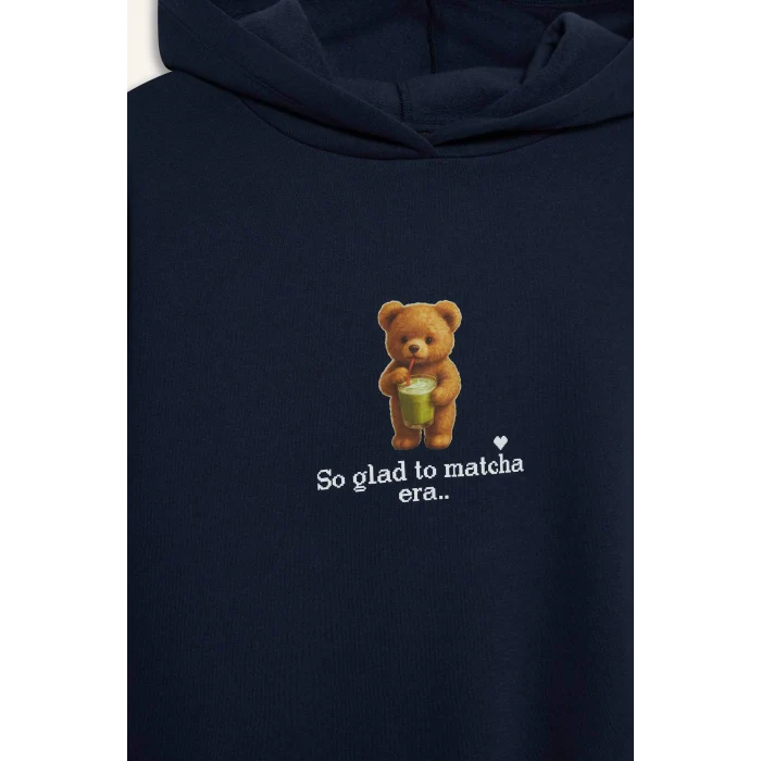 Defacto G0179AXNV241 Lacivert Coool Overshirt Fit Kapüşonlu Baskılı Kalın Kumaş Sweatshirt