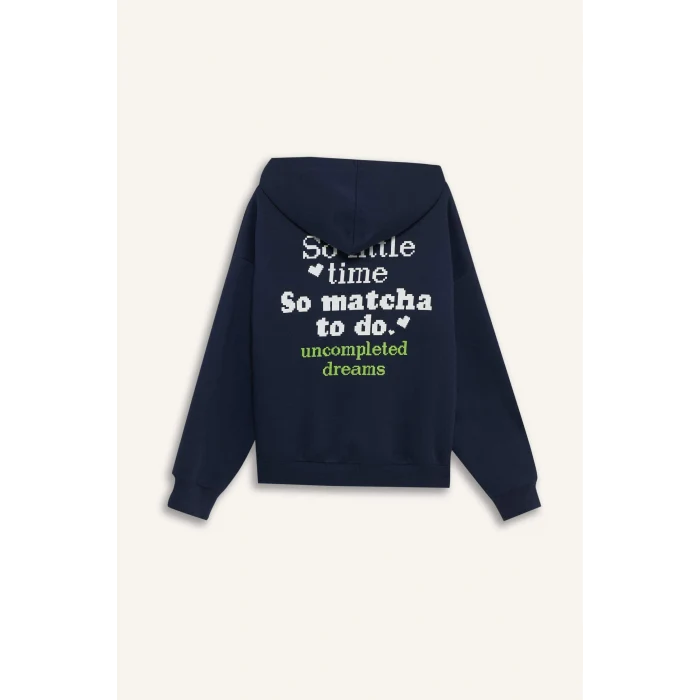 Defacto G0179AXNV241 Lacivert Coool Overshirt Fit Kapüşonlu Baskılı Kalın Kumaş Sweatshirt