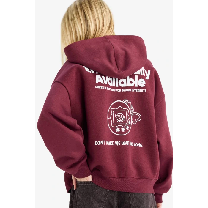 Defacto G0181AXBR98 Bordo Coool Overshirt Fit Kapüşonlu Baskılı Kalın Kumaş Sweatshirt