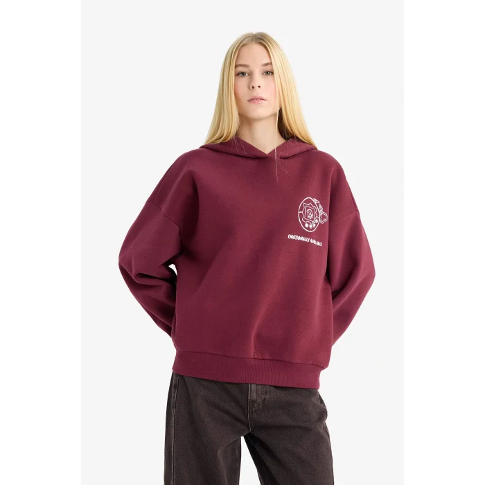 Defacto G0181AXBR98 Bordo Coool Overshirt Fit Kapüşonlu Baskılı Kalın Kumaş Sweatshirt