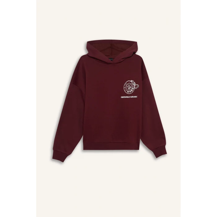 Defacto G0181AXBR98 Bordo Coool Overshirt Fit Kapüşonlu Baskılı Kalın Kumaş Sweatshirt