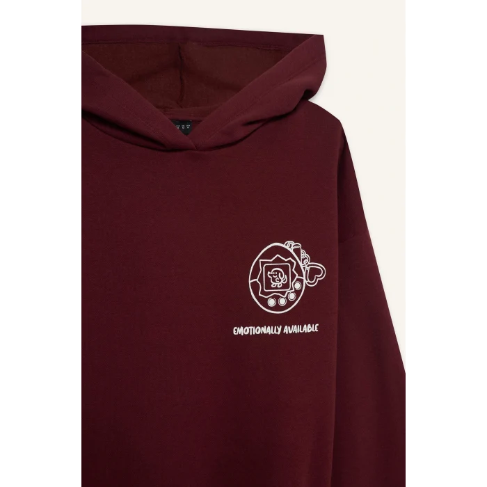 Defacto G0181AXBR98 Bordo Coool Overshirt Fit Kapüşonlu Baskılı Kalın Kumaş Sweatshirt