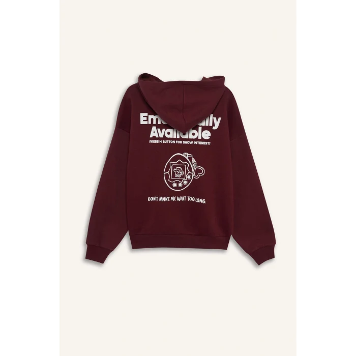 Defacto G0181AXBR98 Bordo Coool Overshirt Fit Kapüşonlu Baskılı Kalın Kumaş Sweatshirt