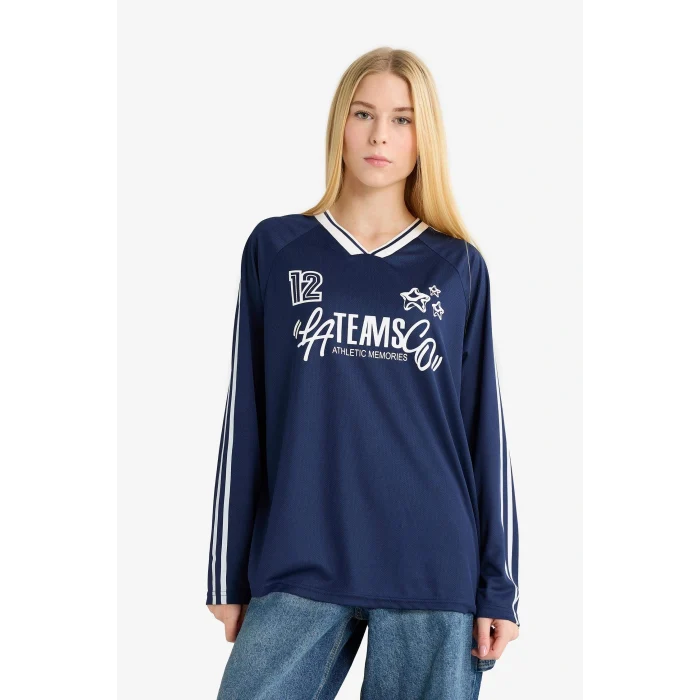 Defacto F8752AXNV241 Lacivert Coool Oversize Geniş Kalıp V Yaka Baskılı Uzun Kollu Tişört