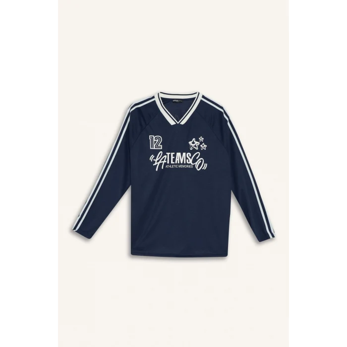 Defacto F8752AXNV241 Lacivert Coool Oversize Geniş Kalıp V Yaka Baskılı Uzun Kollu Tişört