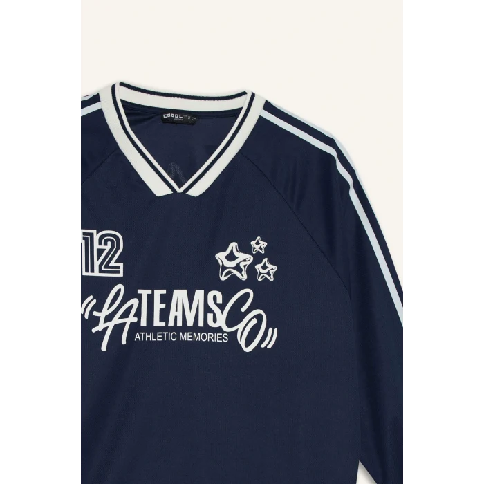 Defacto F8752AXNV241 Lacivert Coool Oversize Geniş Kalıp V Yaka Baskılı Uzun Kollu Tişört