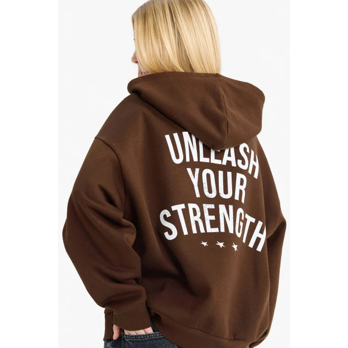 Defacto G0965AXBN191 Kahve Coool Overshirt Fit Kapüşonlu Baskılı Sweatshirt