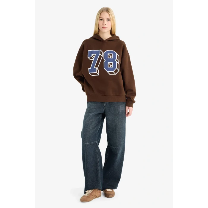 Defacto G0965AXBN191 Kahve Coool Overshirt Fit Kapüşonlu Baskılı Sweatshirt